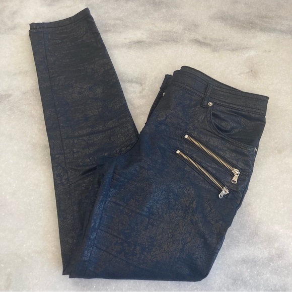 Forever 21 Denim - FOREVER 21 Coated Navy Blue Pants Front Moto Zippers